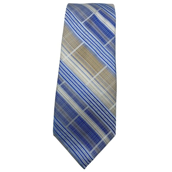 Bruno Piattelli Striped Blue Tan Retro MCM Silk Neck Tie Luxury Vintage Mens - Picture 2 of 6
